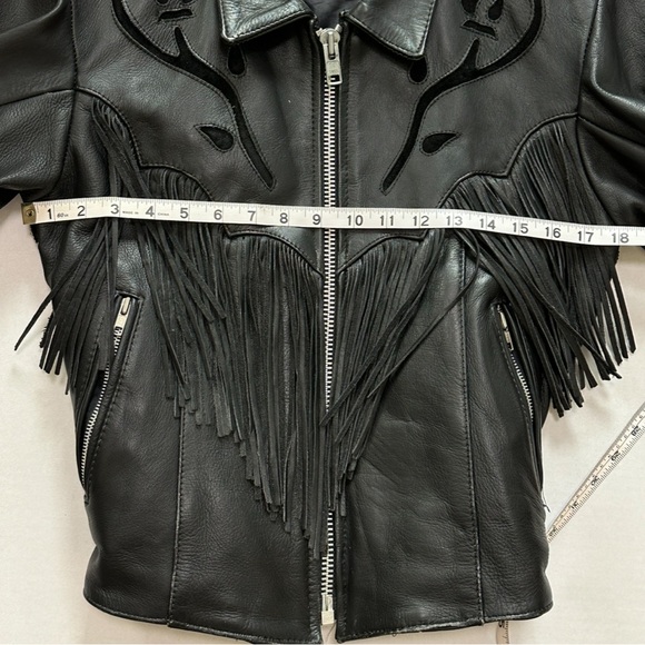 VTG Women’s Pro-Sports Leather Moto Jacket Fringe Conchos Roses Cinched Waist - Picture 4 of 15